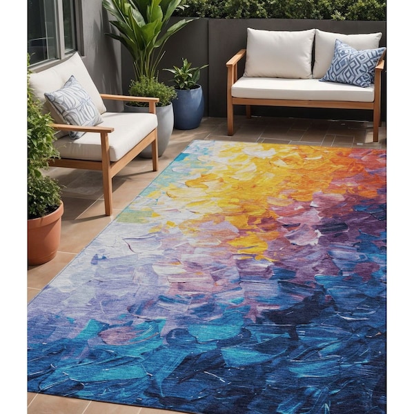 Homeroots 5' X 8' Gold Yellow And Teal Blue Abstract Washable Indoor Outdoor Area Rug 617354 - main