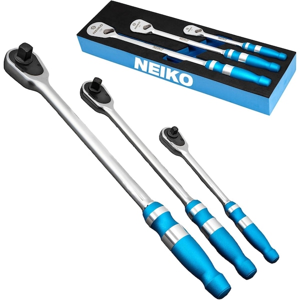 Neiko Flat Head Ratchet Set - 3 Piece Low Profile 1/4, 3/8, 1/2 Inch Drive, 90 Teeth, Long Handle 03006A - main