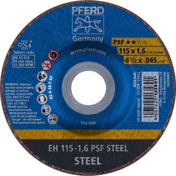 Pferd Cut-Off Wheel, Type 27, 4-1/2 in Dia, 0.045 in Thick, 7/8 in Arbor Hole Size, Aluminum oxide A 69908 - main