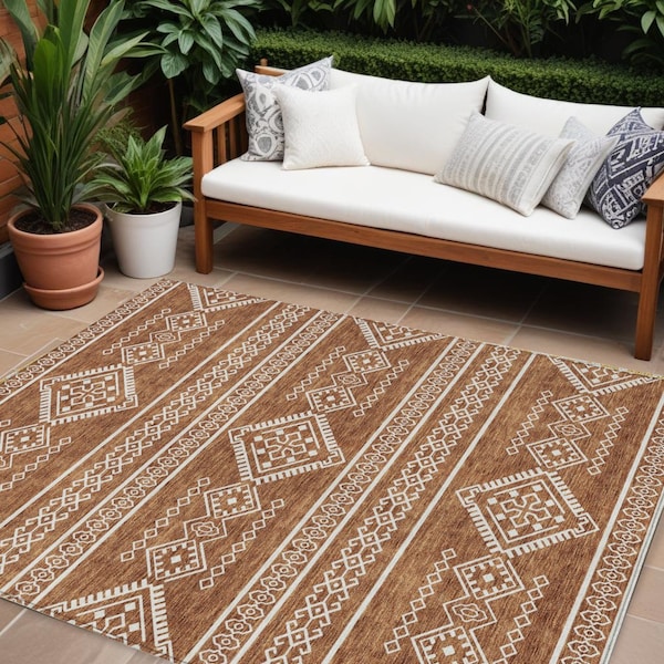Homeroots 8' X 10' Orange And Ivory Southwestern Washable Indoor Outdoor Area Rug 593711 - main