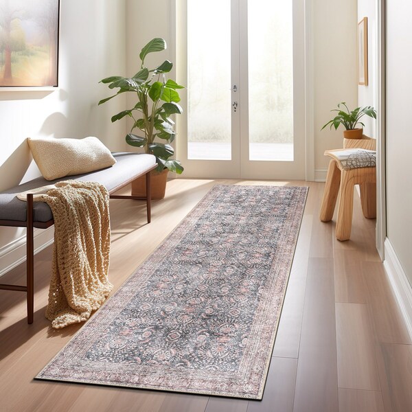 World Rug Gallery Vintage Inspired Machine Washable Non Slip Runner Rug 2 ft 6 in x 12 ft Charcoal 6029CHARCOAL26X12 - main