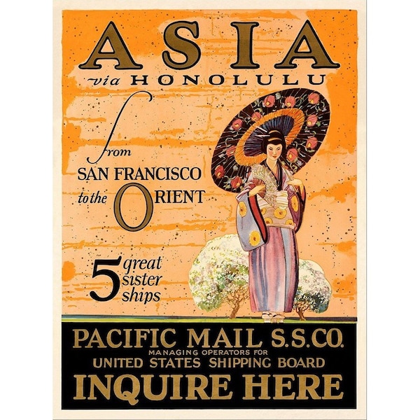 Homeroots Asia via Honolulu Vintage Travel Unframed Print Wall Art 388271 - main