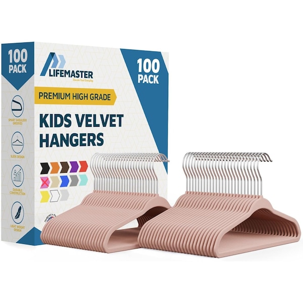 Lifemaster Pink Velvet Kids Hangers 100 Pack, 10.83" Non-Slip, Slim ABS, Swivel Hook & Notches LMVVBH100PK - main