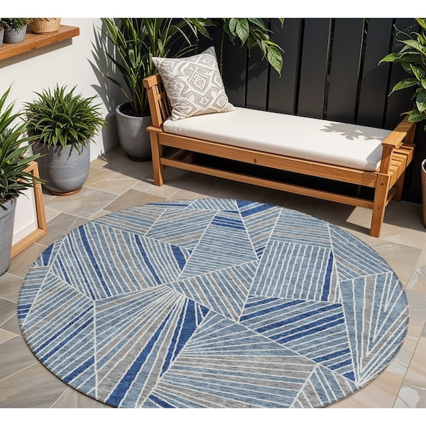 Homeroots 8' Denim Blue Gray And Ivory Round Geometric Washable Indoor Outdoor Area Rug 594775 - main