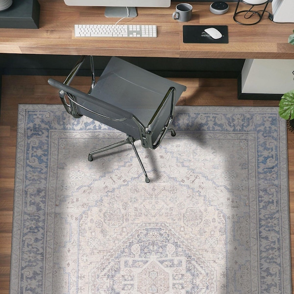 World Rug Gallery Blue Vintage Medallion Washable Rug - Flat Pile for Living Room or Kitchen 4 ft x 6 ft WR170BLUE4X6 - main