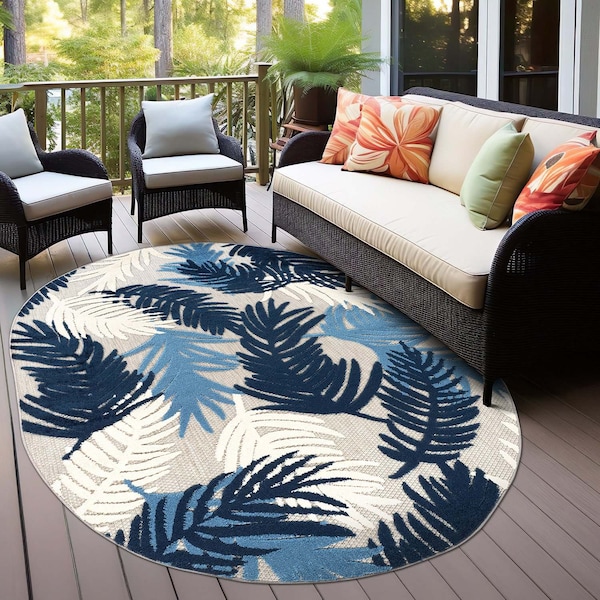 World Rug Gallery Vicenza Tropical Floral Indoor/Outdoor Area Rug 5 ft x 7 ft Oval Navy 8011NAVY5OV - main