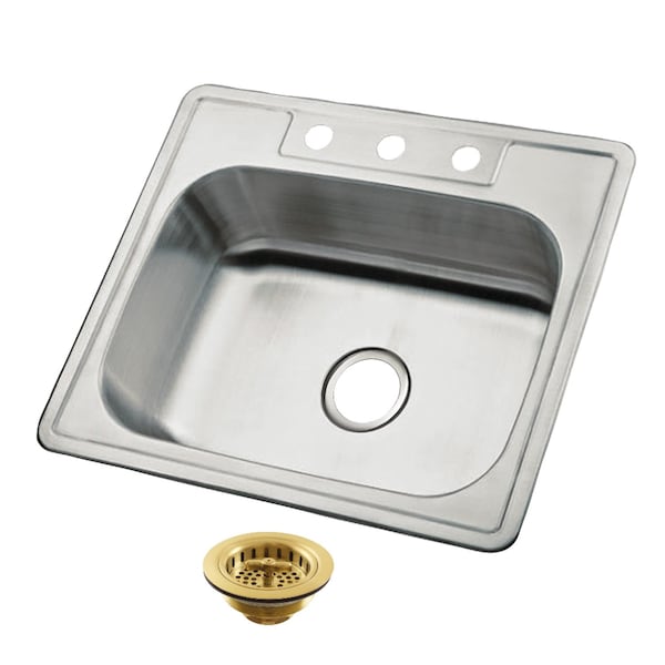 Kingston Brass 25-Inch Stainless Steel Self-Rimming Single Bowl Drop-In Kitchen Sink, 3-Hole with Strainer K25228BN7 - main