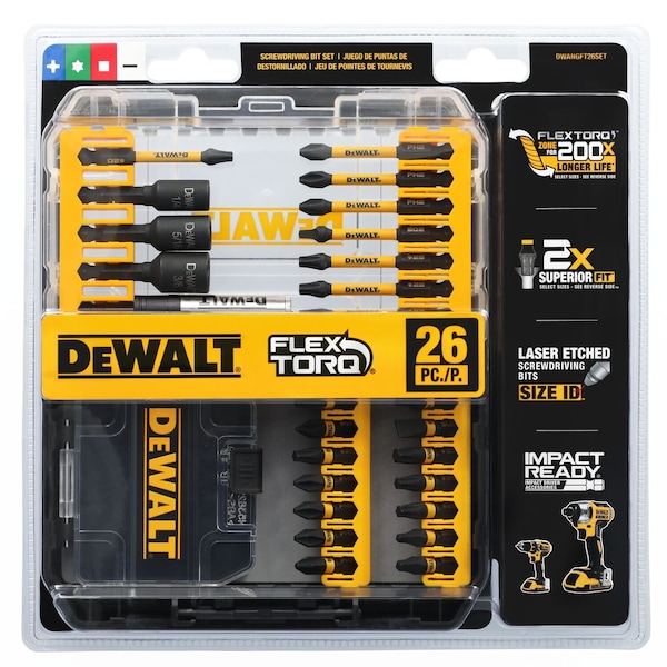 Dewalt DriverBitSet, 26pcs, S2 Steel, Shank:1/4