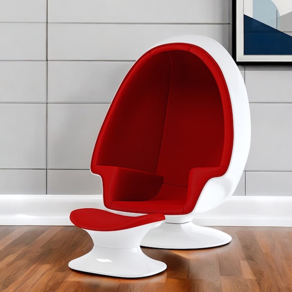 Homeroots 38" White And Red Fiberglass And Wool Swivel Egg Chair With Ottoman 522858 - main