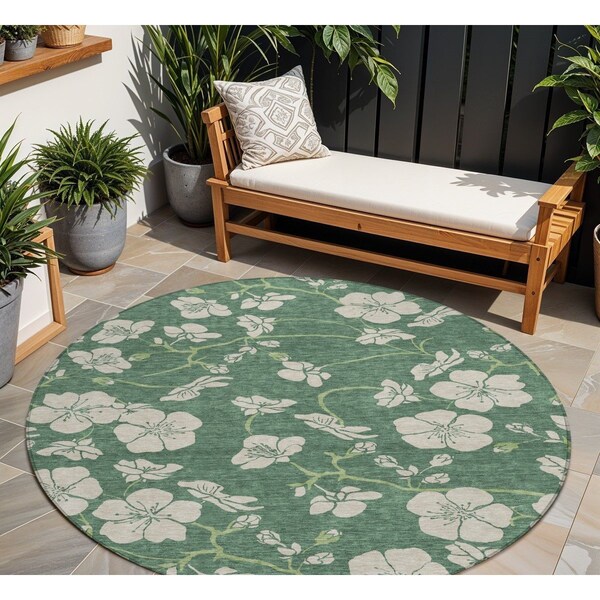 Homeroots 8' Sage And Ivory Round Floral Washable Indoor Outdoor Area Rug 600050 - main