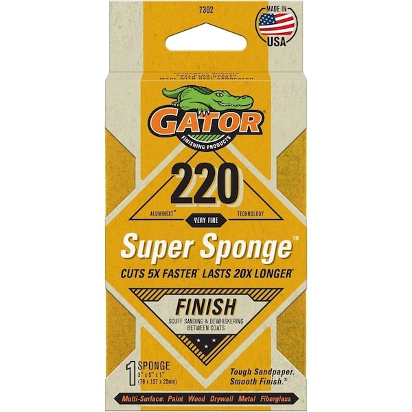 Gator Sanding Sponge, 5 in L, 3 in W, 220 Grit, Aluminum Oxide Abrasive 7302 - main