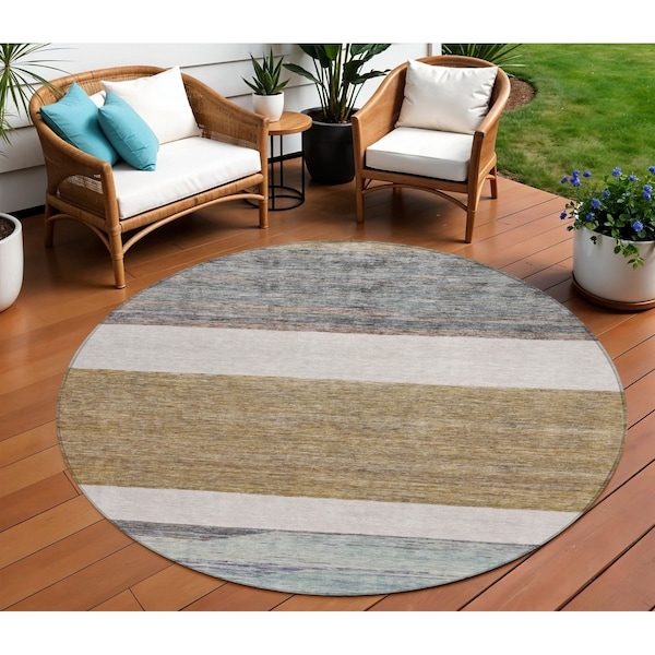 Homeroots 8' Brown Ivory And Blue Round Abstract Washable Indoor Outdoor Area Rug 615274 - main