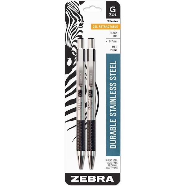 Zebra Pen Retractable Gel Pen, Medium 0.7 mm, Black PK2 41312 - main