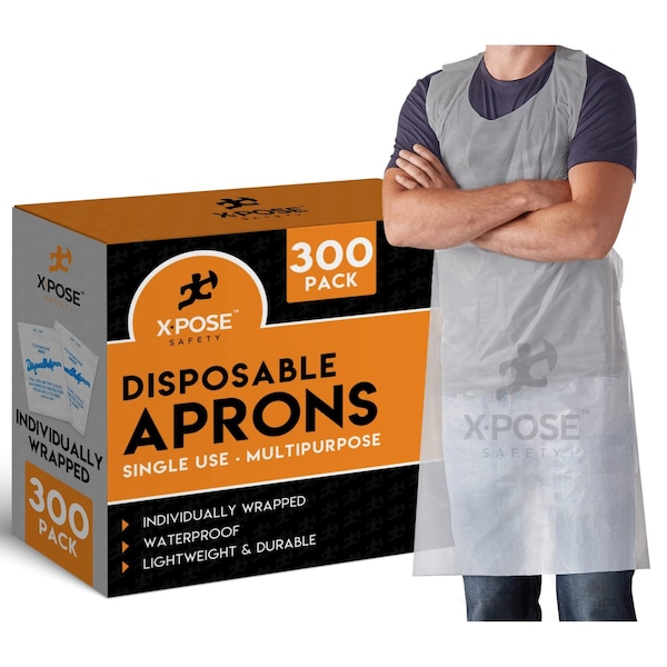 Xpose Safety Plastic Disposable Aprons, White Pack of 300 Individually Packaged Durable 1 mil 24in x 42in, 300PK AP100-3-X-S - main