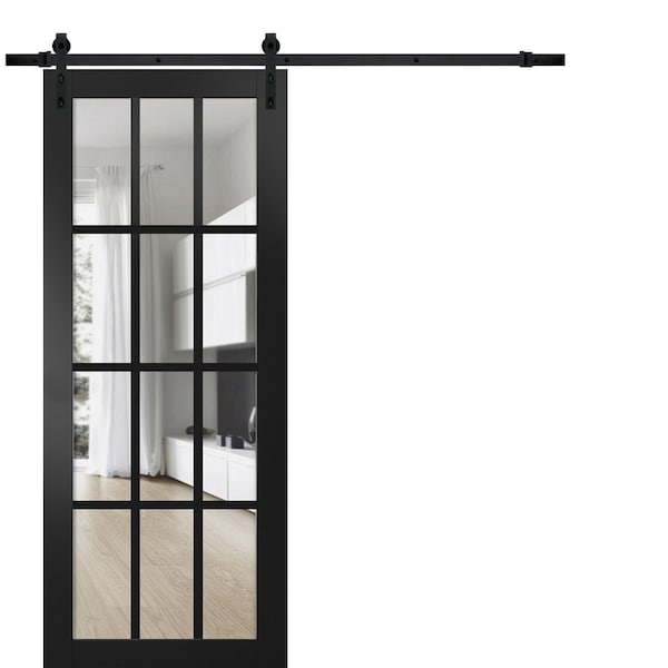 Sartodoors Sturdy Barn Door, Felicia 3355 Matte Black with Clear Glass, 6.6FT Rail Hangers Heavy Hardware Set FELICIA3355BD-B-BLK-1884 - main