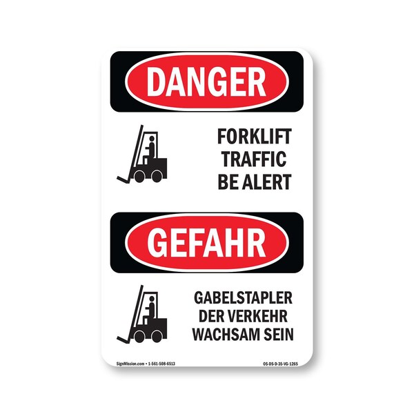 Signmission Safety Sign, OSHA Danger, 5" Height, Forklift Traffic Be Alert Bilingual, D-35-VG-1265 OS-DS-D-35-VG-1265 - main