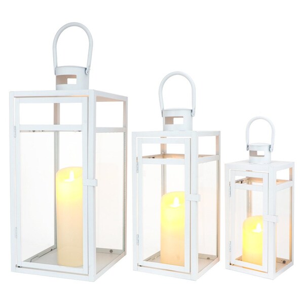 Homeroots Set of Three Clear And White Glass And Stainless Steel Tabletop Lantern Candle Holders, 3PK 719766 - main