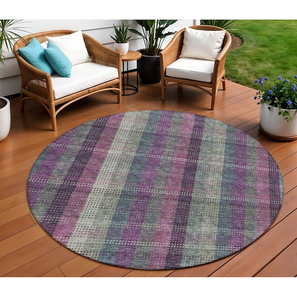 Homeroots 8' Plum Eggplant And Gray Round Plaid Washable Indoor Outdoor Area Rug 613989 - main