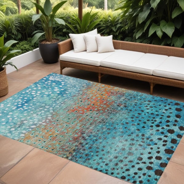 Homeroots 5' X 8' Blue Terra Cotta And Black Abstract Washable Indoor Outdoor Area Rug 603084 - main