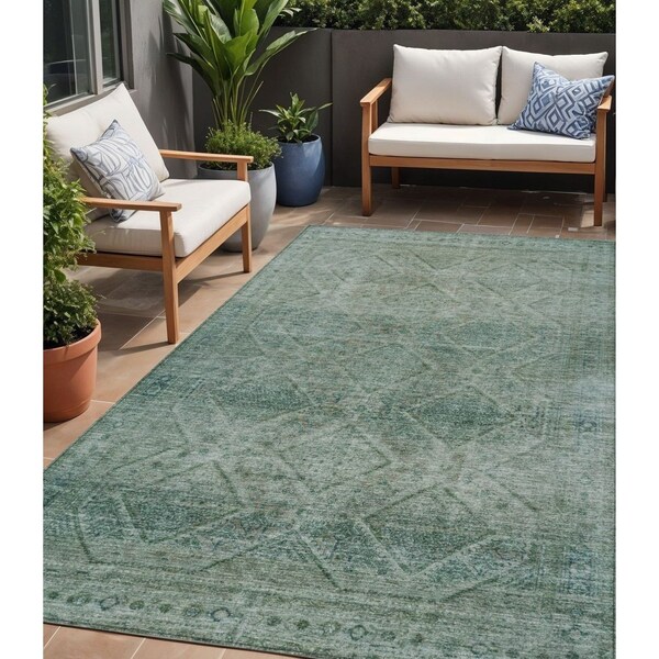 Homeroots 5' X 8' Teal Blue And Ivory Geometric Washable Indoor Outdoor Area Rug 630514 - main