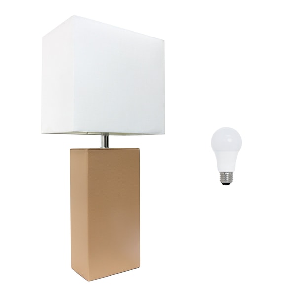 Homeroots 21" Beige Faux Leather Table Lamp LED With White Shade 642999 - main