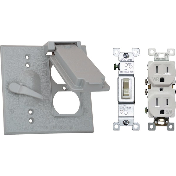 Southwire Dual Gang Gray Weatherproof Cover with 15A Switch and Duplex WRTR Receptacle 2GTCDSP-15A-UPC - main