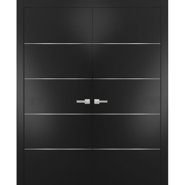 Sartodoors Solid French Double Doors, Planum 0020 Matte Black, Wood Solid Panel Frame Trims, Closet Bedroom St PLANUM0020DD-BLK-3696 - main