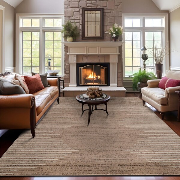 World Rug Gallery Bohemian Stripe Stain Resistant Area Rug 7 ft 10 in x 10 ft Beige 385BEIGE8X10 - main