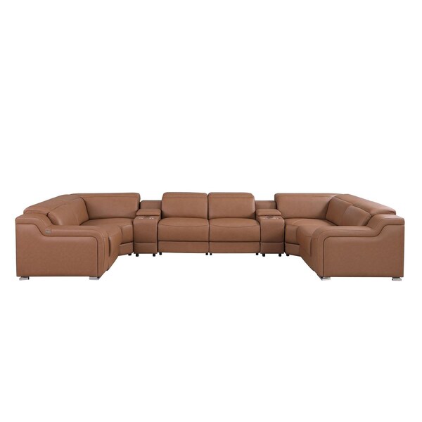 Homeroots Chestnut Italian Leather Power Reclining U Shaped Eight Piece Corner Sectional With Console 632570 - main