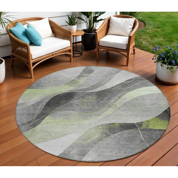 Homeroots 8' Artichoke Green Gray And Silver Round Abstract Washable Indoor Outdoor Area Rug 616750 - main