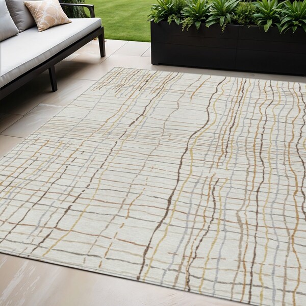 Homeroots 5' X 8' Ivory Brown And Gold Striped Washable Indoor Outdoor Area Rug 597398 - main