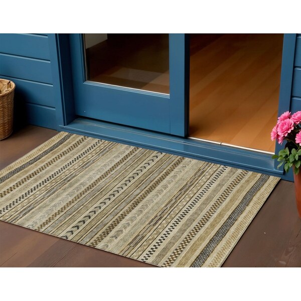 Homeroots 3' X 5' Chocolate And Taupe Striped Washable Indoor Outdoor Area Rug 615332 - main