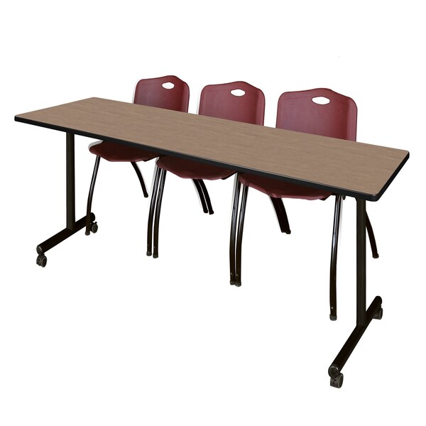 Regency Kobe Mobile T-Base Training Table W/ 2 M Stack Chairs, 84 in W, 24 in L, Noble Oak MKTRCC8424NO47BY - main