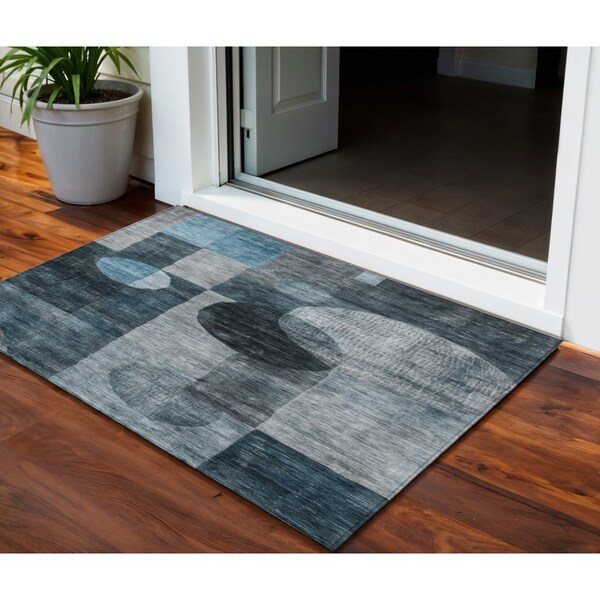 Homeroots 3' X 5' Teal Blue Gray And Charcoal Geometric Washable Indoor Outdoor Area Rug 604342 - main
