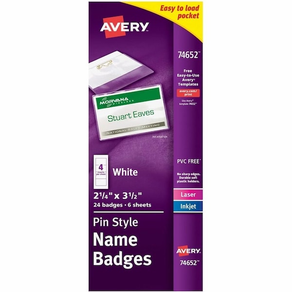 Avery Top-Loading Pin Style Name Badges, PK24 74652 - main