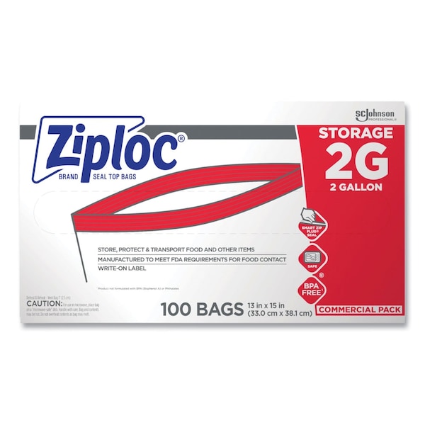 Ziploc Double Zipper Storage Bags, 2 gal, 1.75 mil, 15" x 13", Clear, PK100 PK 682253 - main