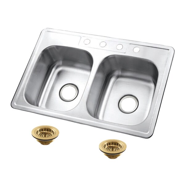 Kingston Brass 33-Inch Stainless Steel Self-Rimming Double Bowl Drop-In Kitchen Sink, 4-Hole with Strainer KGKTD332277 - main