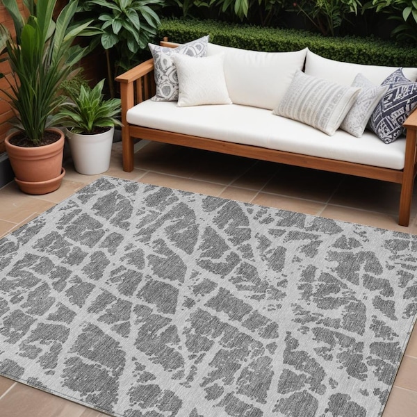 Homeroots 10' X 14' Charcoal Abstract Washable Non Skid Indoor Outdoor Area Rug 559261 - main