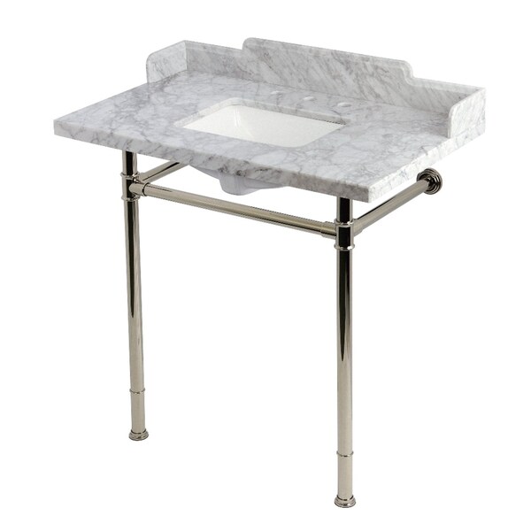 Kingston Brass 36-Inch Carrara Marble Console Sink with Stainless Steel Legs, 8-Inch, 3-Hole KMS36227M8SQ6 - main