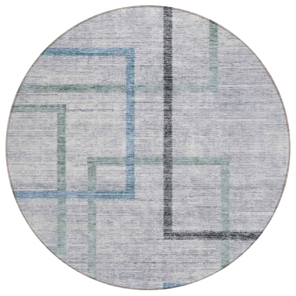 Homeroots 8' Gray Charcoal And Blue Round Geometric Washable Indoor Outdoor Area Rug 588340 - main