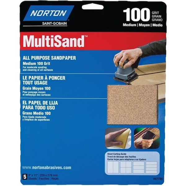 Norton Co MultiSand 076607 Abrasive Sheet, 11 in L, 9 in W, Medium, P100 Grit, Aluminum Oxide Abrasive 47735 - main