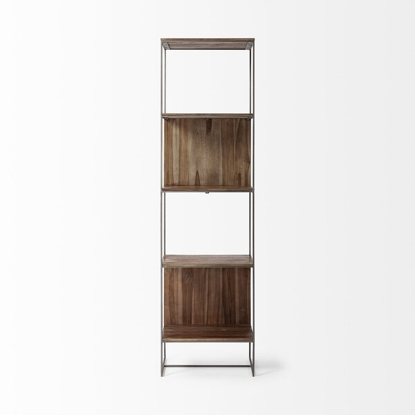 Homeroots 71" Brown And Silver Metal and Wood Four Tier Bookcase 380385 - main