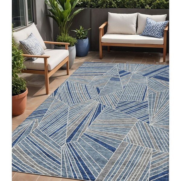 Homeroots 5' X 8' Denim Blue Gray And Ivory Geometric Washable Indoor Outdoor Area Rug 594774 - main