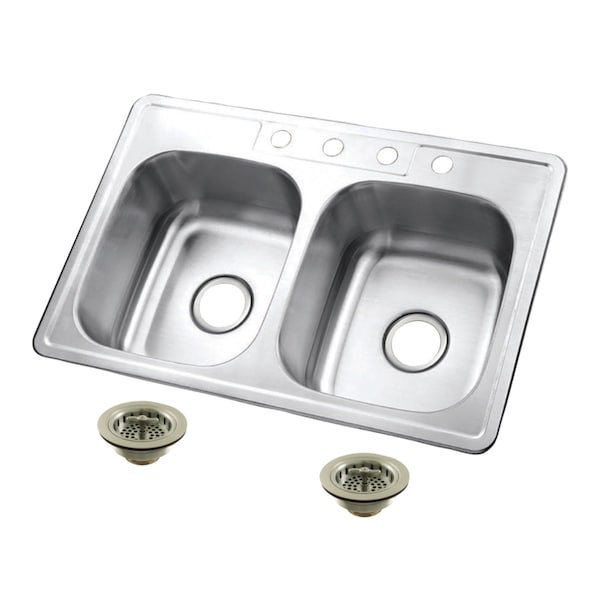 Kingston Brass 33-Inch Stainless Steel Self-Rimming Double Bowl Drop-In Kitchen Sink, 4-Hole with Strainer KGKTD332268 - main