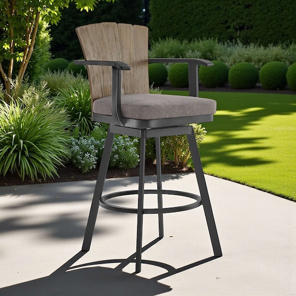 Homeroots 44" Charcoal Metal Swivel Outdoor Bar Height chair with Footrest 571169 - main