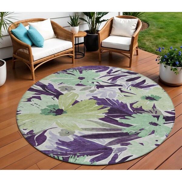 Homeroots 8' Purple And Lavender Round Floral Washable Indoor Outdoor Area Rug 610994 - main