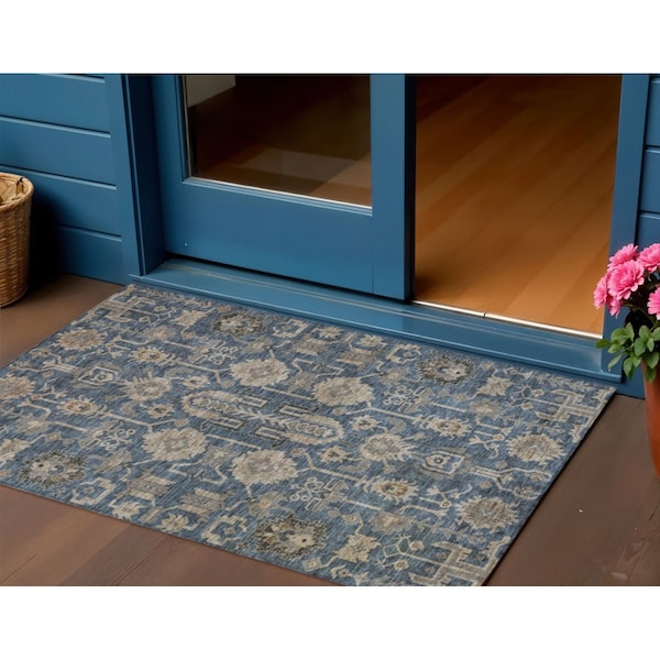 Homeroots 3' X 5' Navy Blue Beige And Taupe Oriental Washable Indoor Outdoor Area Rug 582098 - main