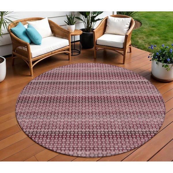 Homeroots 8' Red And Burgundy Round Striped Washable Indoor Outdoor Area Rug 610590 - main