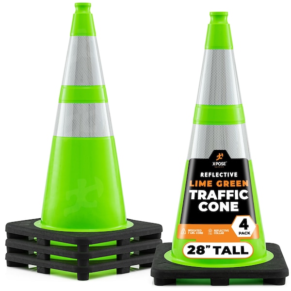 Xpose Safety Traffic Safety Cone, 28 in, Premium PVC, Dual 6 in & 4 in Reflective Collar, Lime Green, 4 pk LTC28-64-4-X-S - main