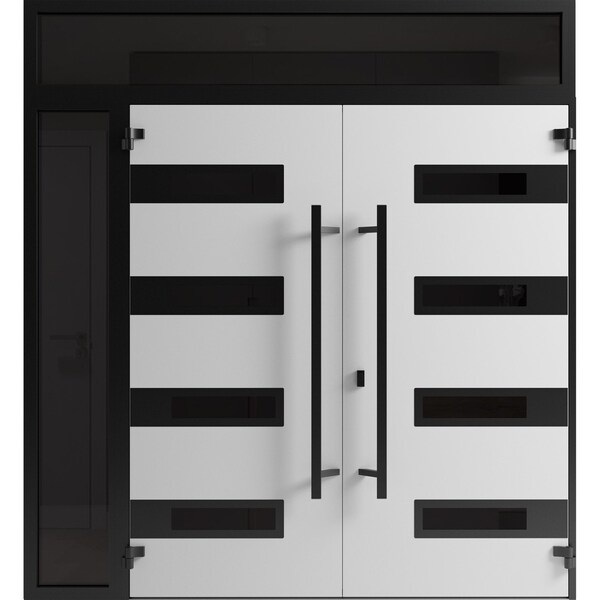 Vdomdoors Front Exterior Prehung Aluminum Double Doors Ronex0131 Grey Mirrored Clear Glass 1 Sidelight and RONEX0131DEXD-GRE-W72+12xH80+16-RH-O - main